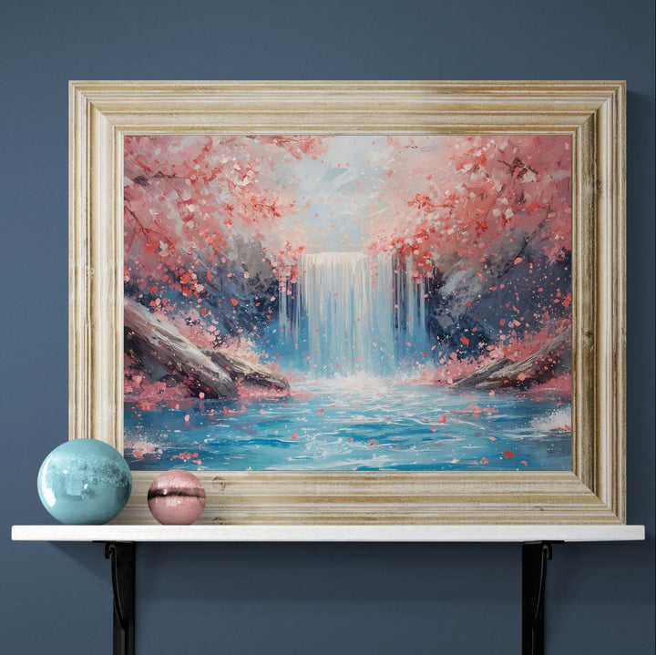 Cherry blossom waterfall wall art featuring a serene fantasy landscape with pink blossoms, cascading water, and tranquil blue tones, ideal for calming home décor