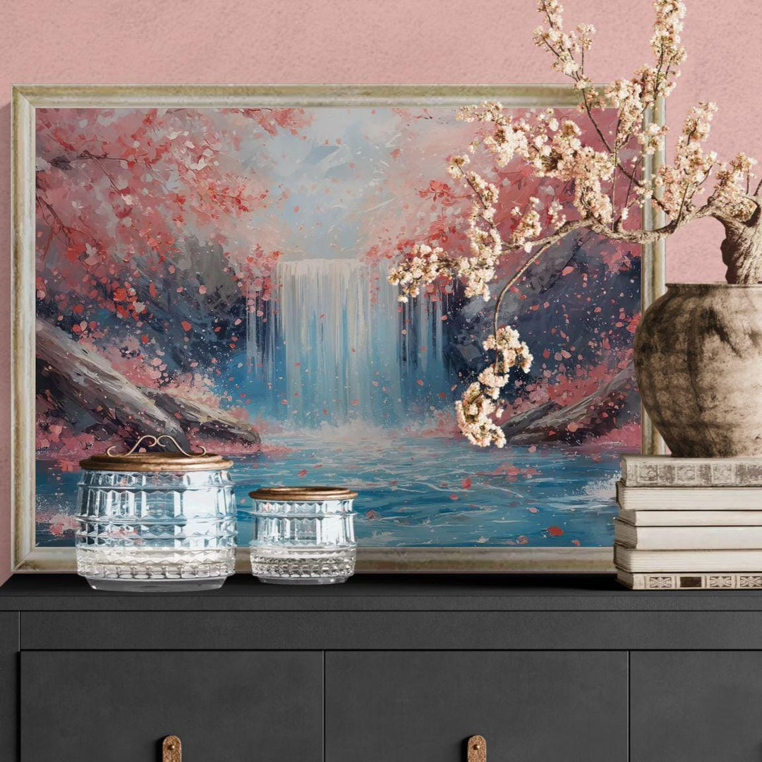 Cherry blossom waterfall wall art featuring a serene fantasy landscape with pink blossoms, cascading water, and tranquil blue tones, ideal for calming home décor