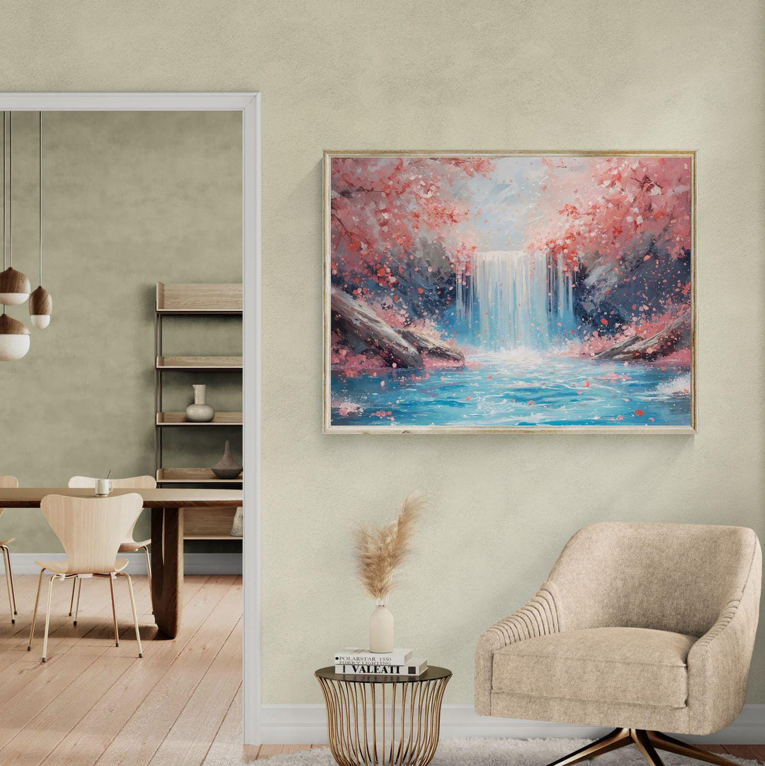 Cherry blossom waterfall wall art featuring a serene fantasy landscape with pink blossoms, cascading water, and tranquil blue tones, ideal for calming home décor