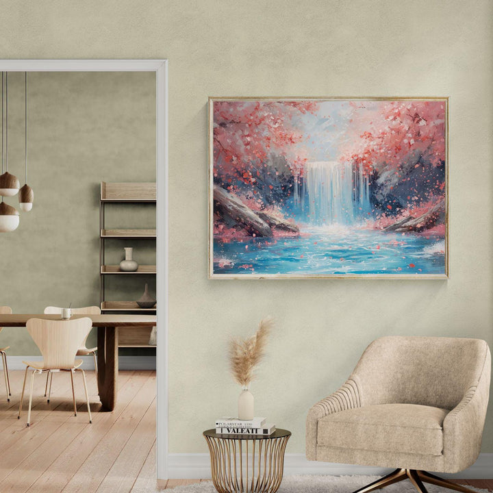 Cherry blossom waterfall wall art featuring a serene fantasy landscape with pink blossoms, cascading water, and tranquil blue tones, ideal for calming home décor
