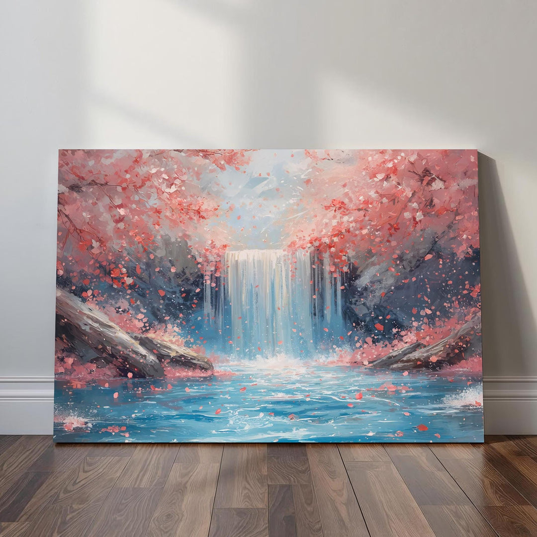 Cherry blossom waterfall wall art featuring a serene fantasy landscape with pink blossoms, cascading water, and tranquil blue tones, ideal for calming home décor