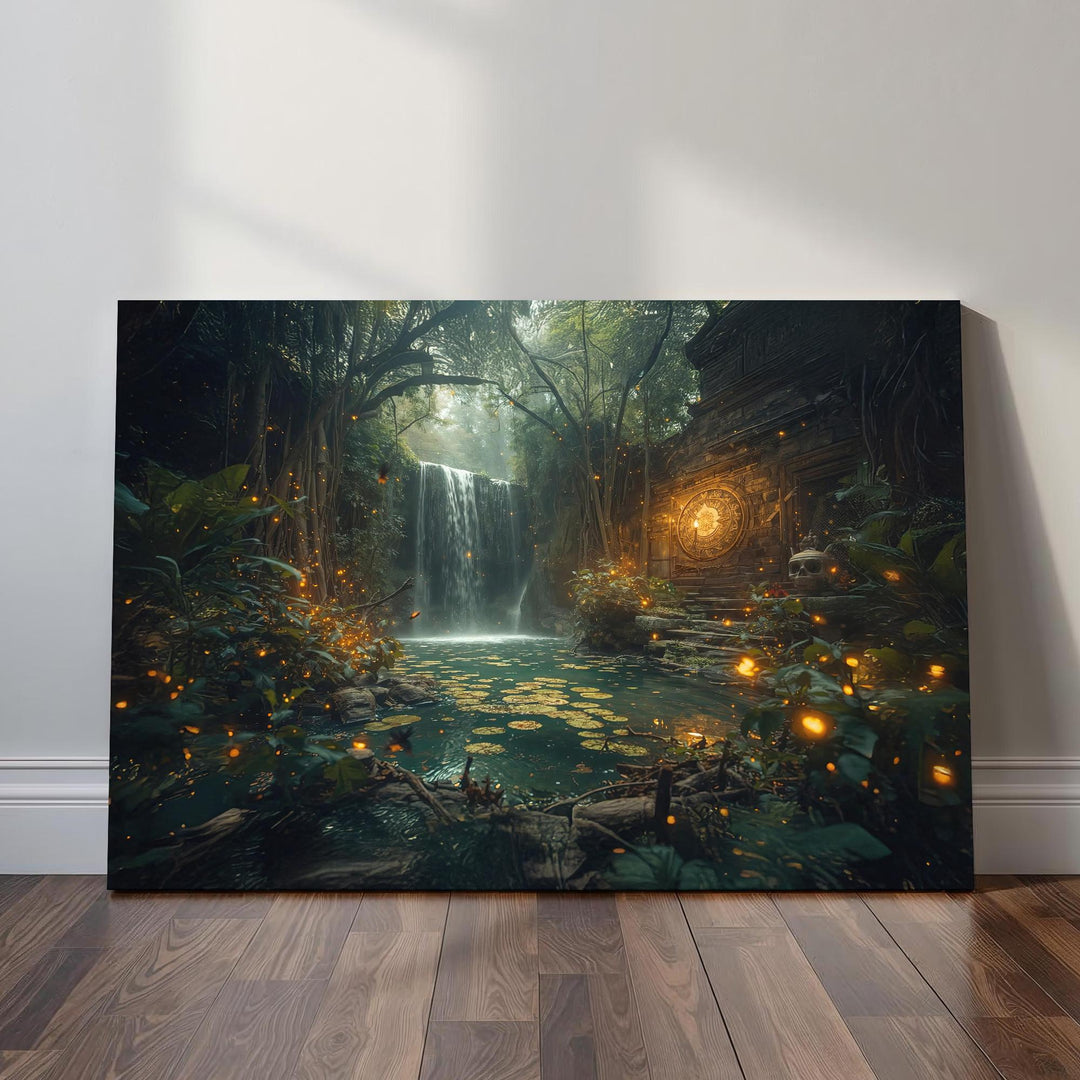 Fantasy waterfall wall art featuring an enchanted jungle temple hidden in lush greenery, glowing fireflies, cascading water, and a mystical ruin atmosphere designed for fantasy home decor