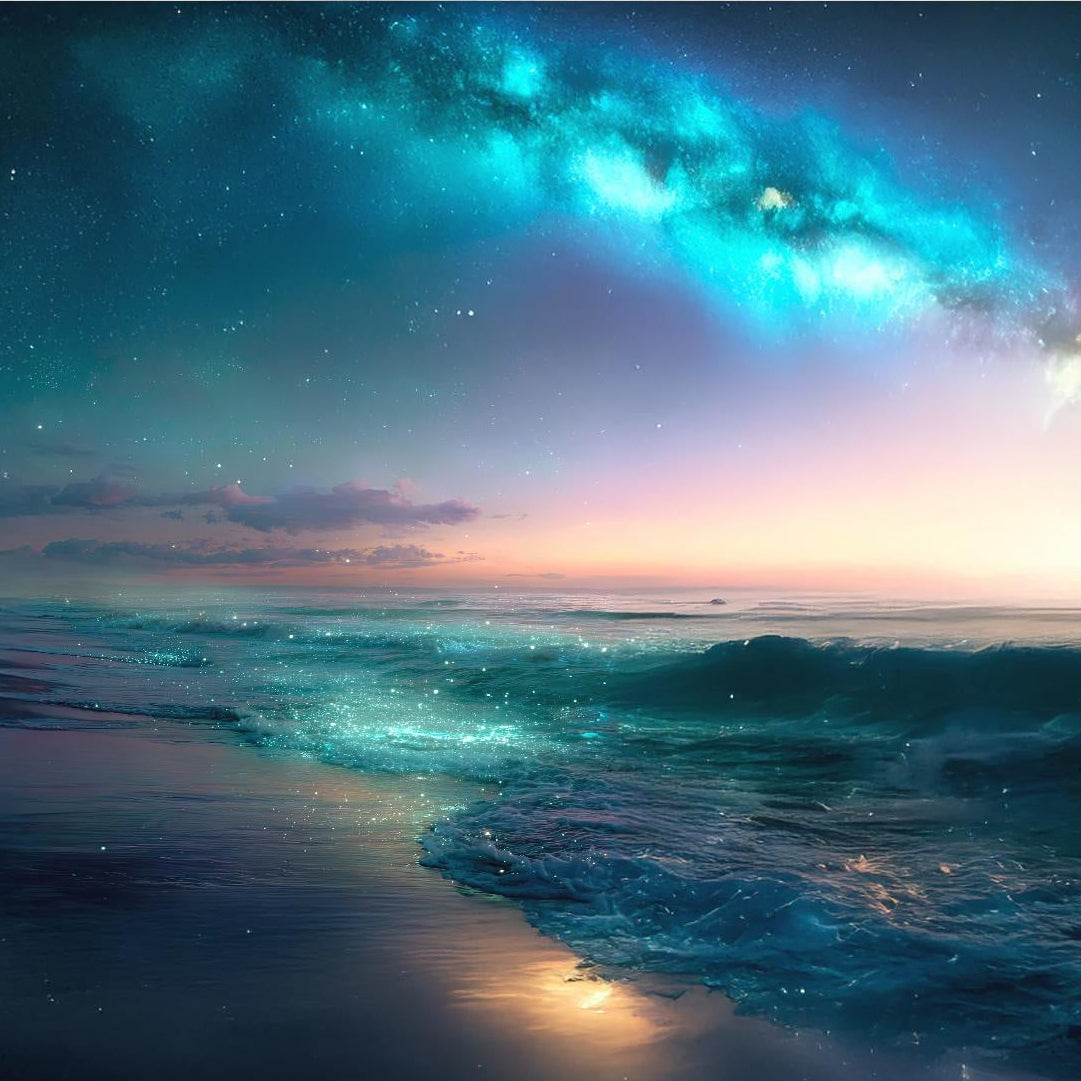 Celestial ocean wall art showing a shimmering sea beneath a glowing starry night sky, blending cosmic fantasy and peaceful ocean decor