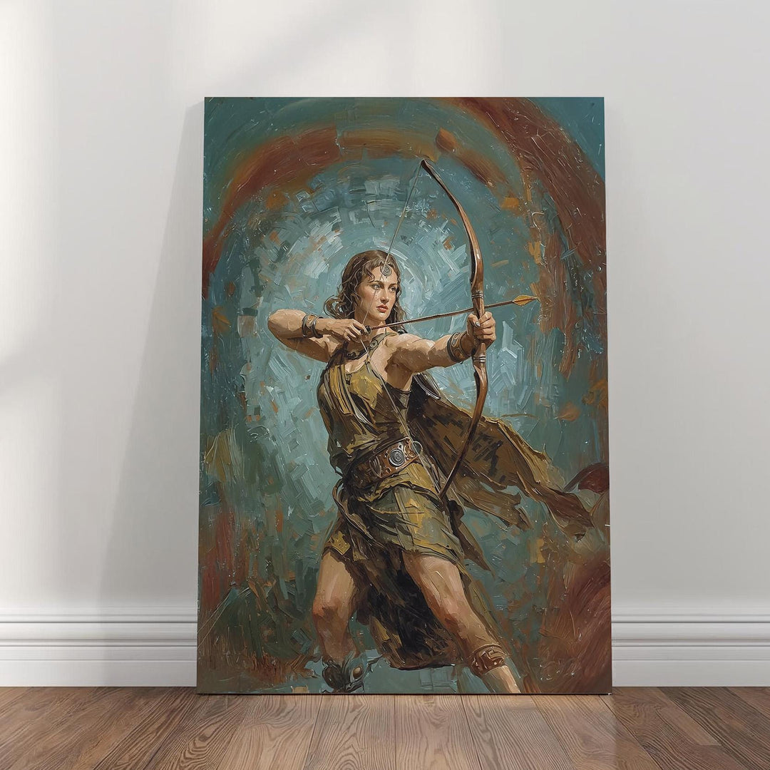 Fantasy archer wall art inspired by Artemis, the Greek goddess of the hunt, depicting a strong warrior huntress aiming a bow in a painterly mythic style