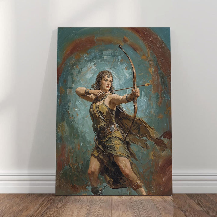 Fantasy archer wall art inspired by Artemis, the Greek goddess of the hunt, depicting a strong warrior huntress aiming a bow in a painterly mythic style
