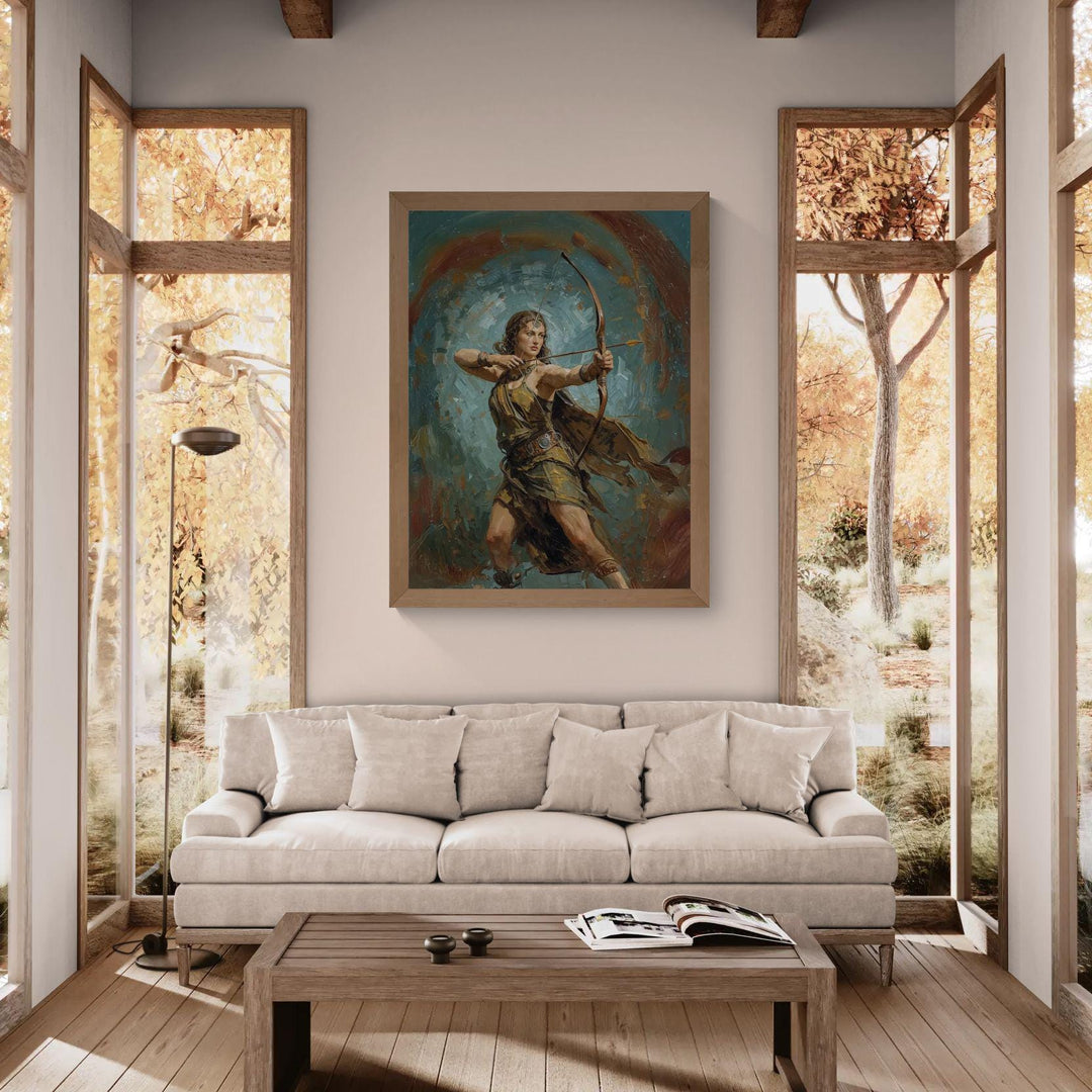 Fantasy archer wall art inspired by Artemis, the Greek goddess of the hunt, depicting a strong warrior huntress aiming a bow in a painterly mythic style