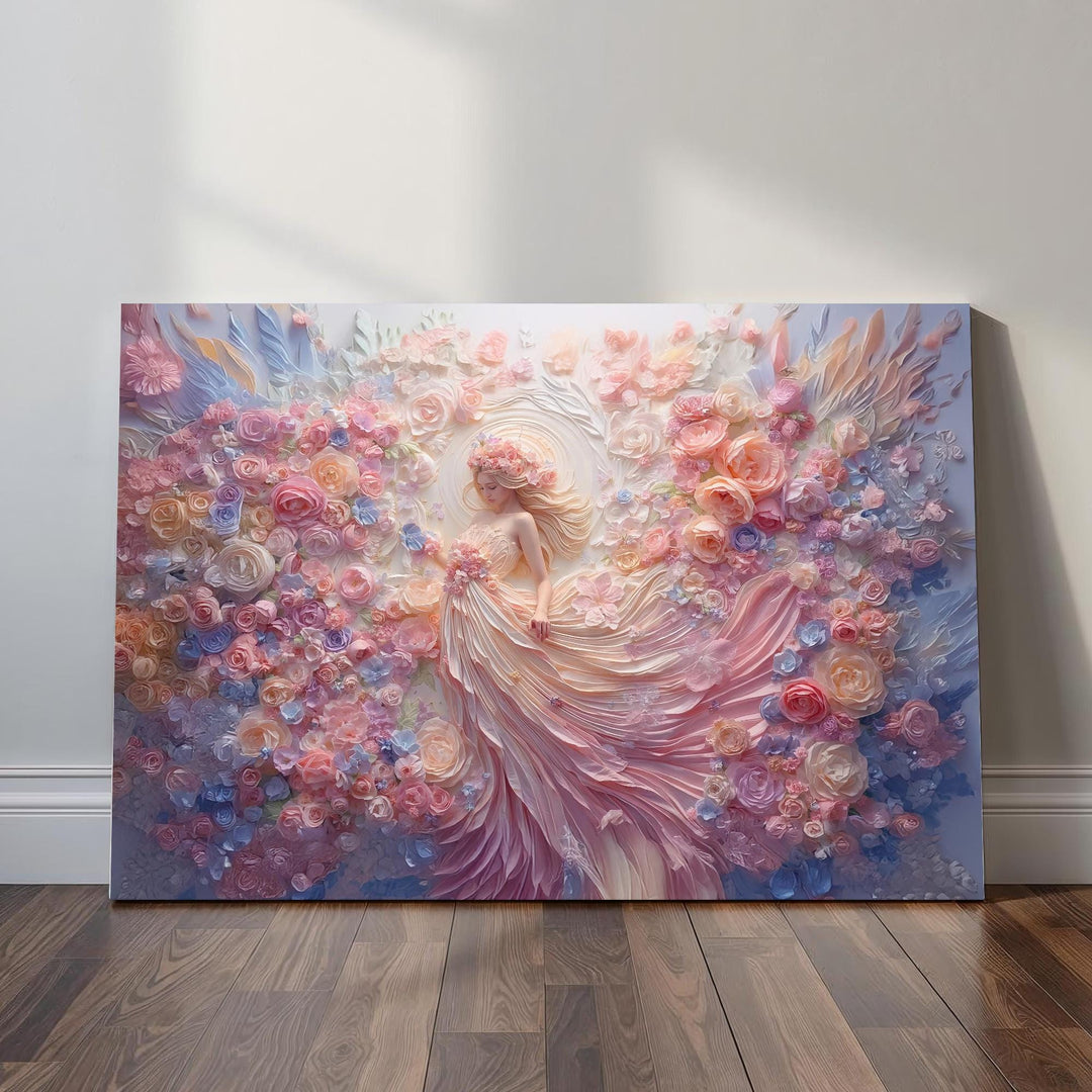 Floral fairy wall art depicting a spring goddess-inspired fairy spirit surrounded by pastel flowers, flowing petals, and soft fantasy elegance