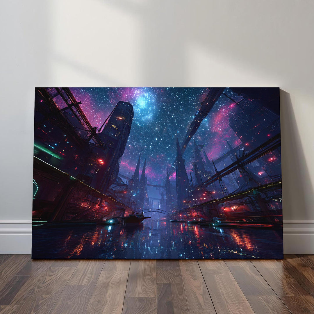 Sci fi wall art depicting a futuristic celestial city with neon lights, towering architecture, reflective water, and a vast galaxy-filled sky.