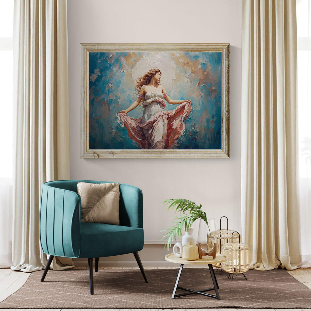 venus goddess wall art inspired by Venus, featuring a graceful feminine figure with flowing dress, soft pastel tones, and a calm romantic atmosphere in a painterly classical fantasy style