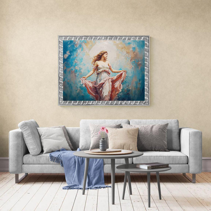 venus goddess wall art inspired by Venus, featuring a graceful feminine figure with flowing dress, soft pastel tones, and a calm romantic atmosphere in a painterly classical fantasy style