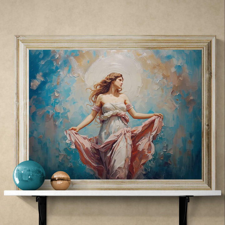 venus goddess wall art inspired by Venus, featuring a graceful feminine figure with flowing dress, soft pastel tones, and a calm romantic atmosphere in a painterly classical fantasy style