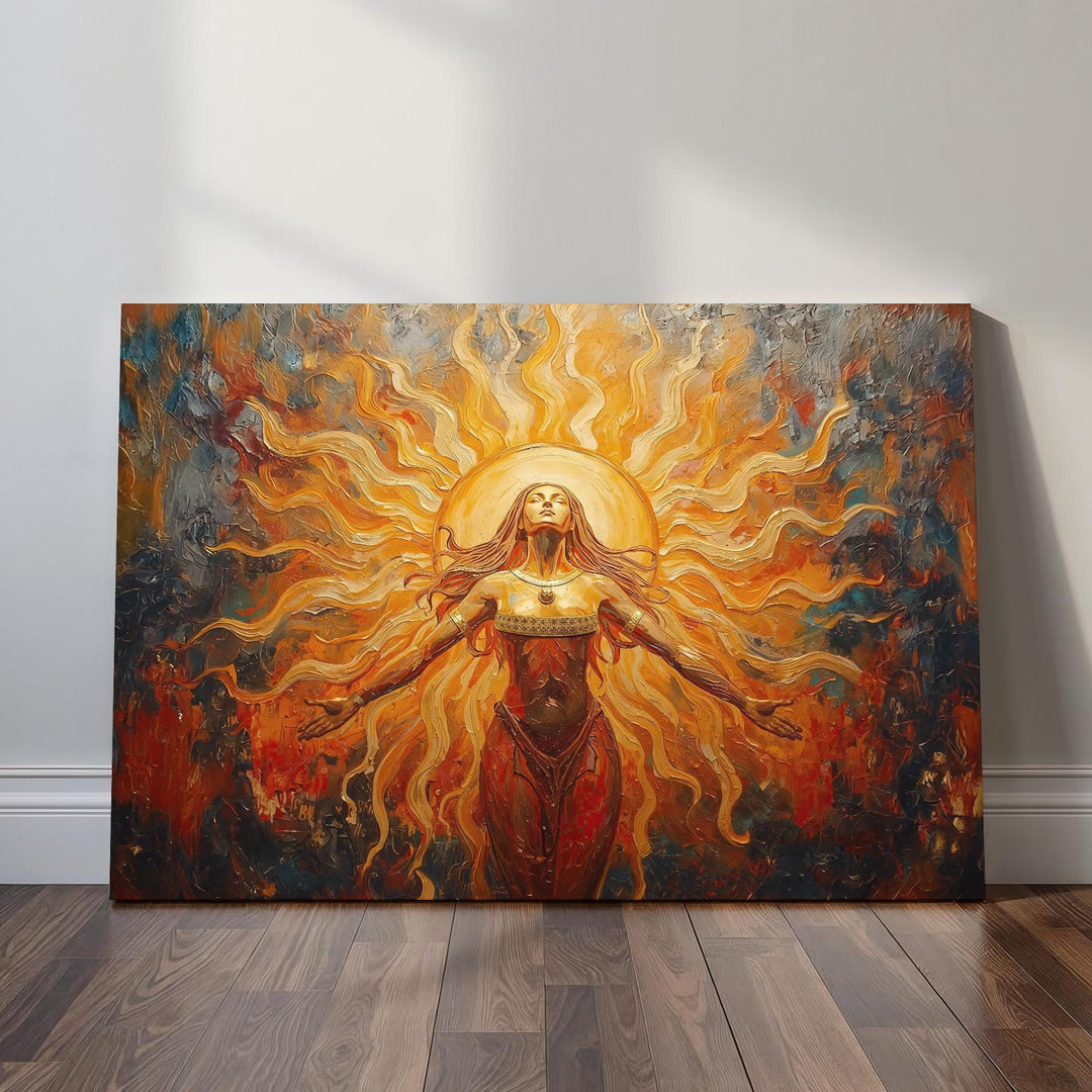 sun goddess wall art featuring a radiant feminine figure surrounded by golden solar light and flowing energy in a painterly fantasy style