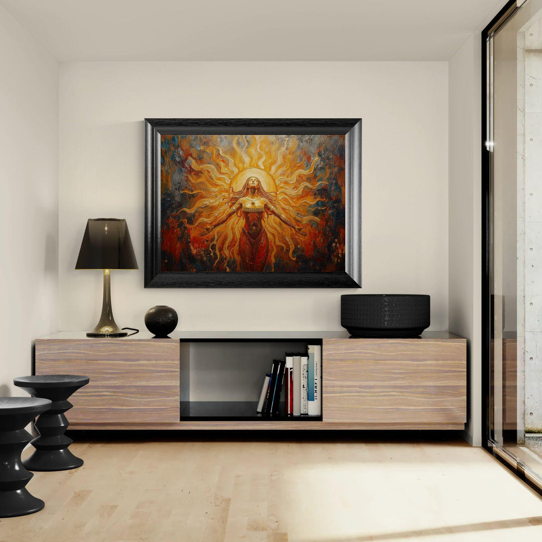 sun goddess wall art featuring a radiant feminine figure surrounded by golden solar light and flowing energy in a painterly fantasy style