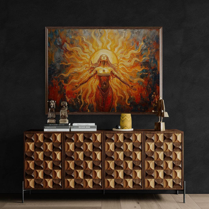 sun goddess wall art featuring a radiant feminine figure surrounded by golden solar light and flowing energy in a painterly fantasy style