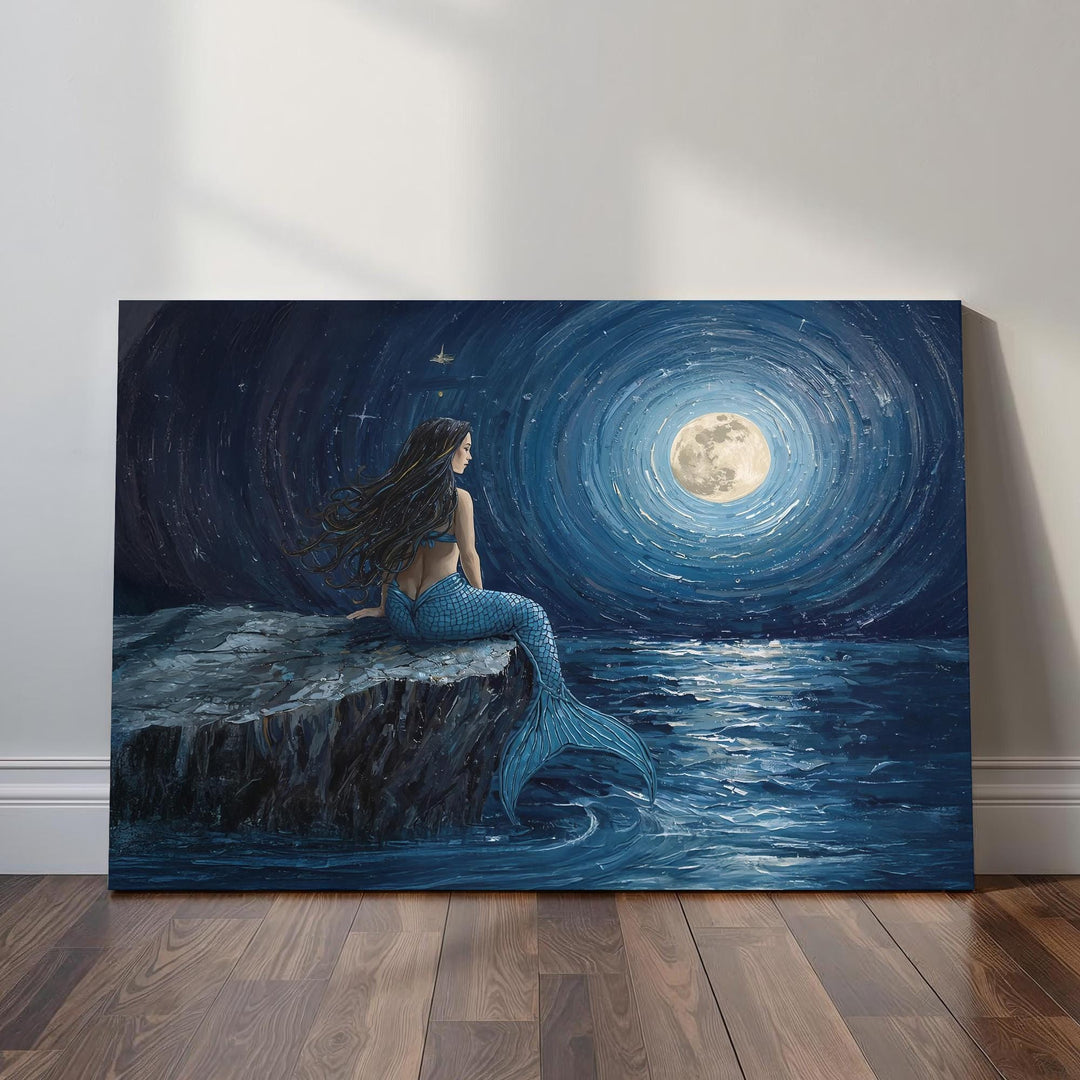 Night ocean mermaid wall art featuring a solitary mermaid seated by the sea at night beneath a glowing moon, painted in deep blue tones with a calm, mystical atmosphere