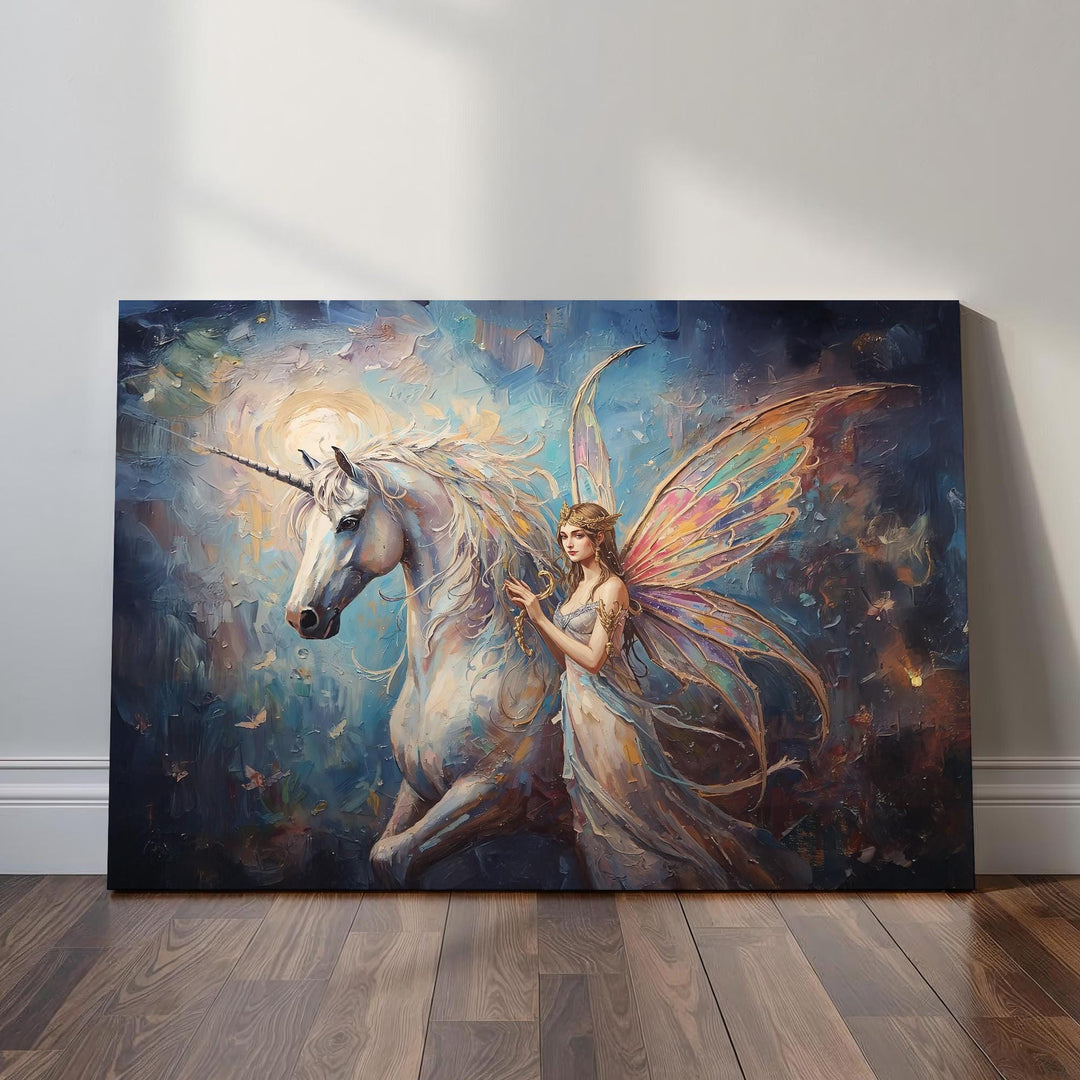 Fairy unicorn wall art featuring a graceful fairy with colorful wings standing beside a luminous white unicorn in a painterly fantasy style filled with light, motion, and magical atmosphere
