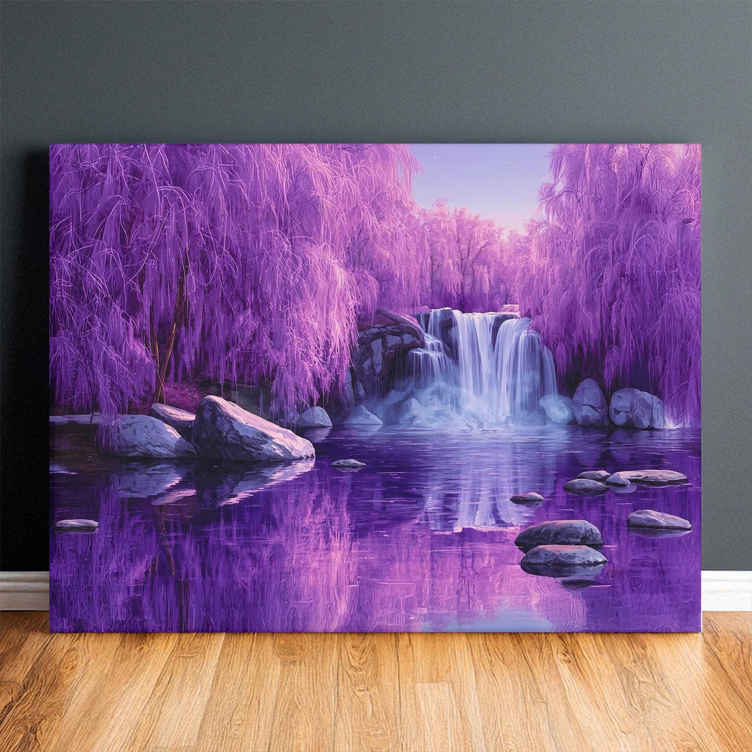 Fantasy landscape wall art showing a dreamy purple forest, flowing waterfall, reflective water, and a peaceful magical atmosphere