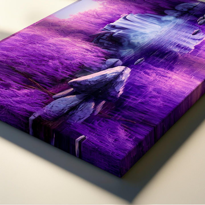 Fantasy landscape wall art showing a dreamy purple forest, flowing waterfall, reflective water, and a peaceful magical atmosphere