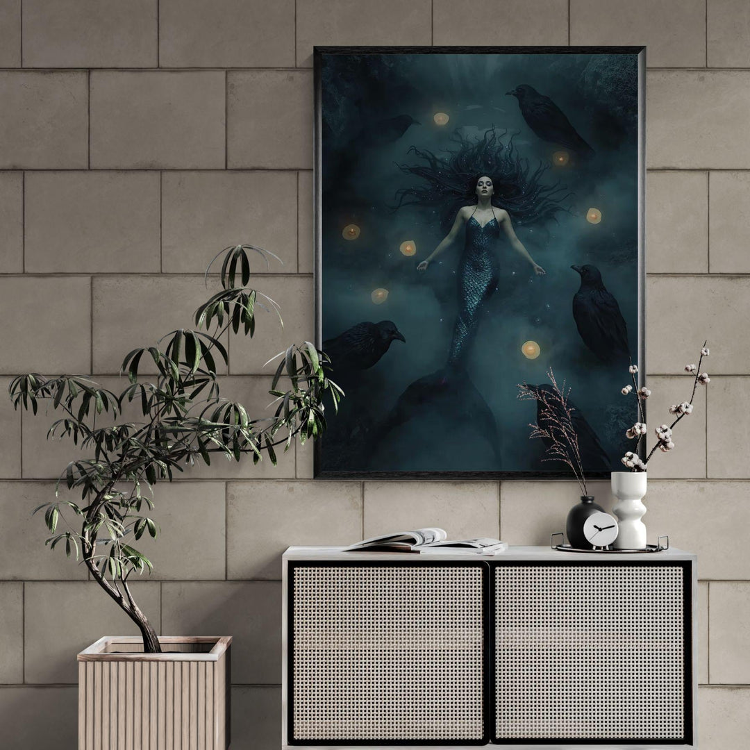 Gothic fantasy wall art featuring a mystical enchantress surrounded by ravens, candlelight, and dark magical atmosphere