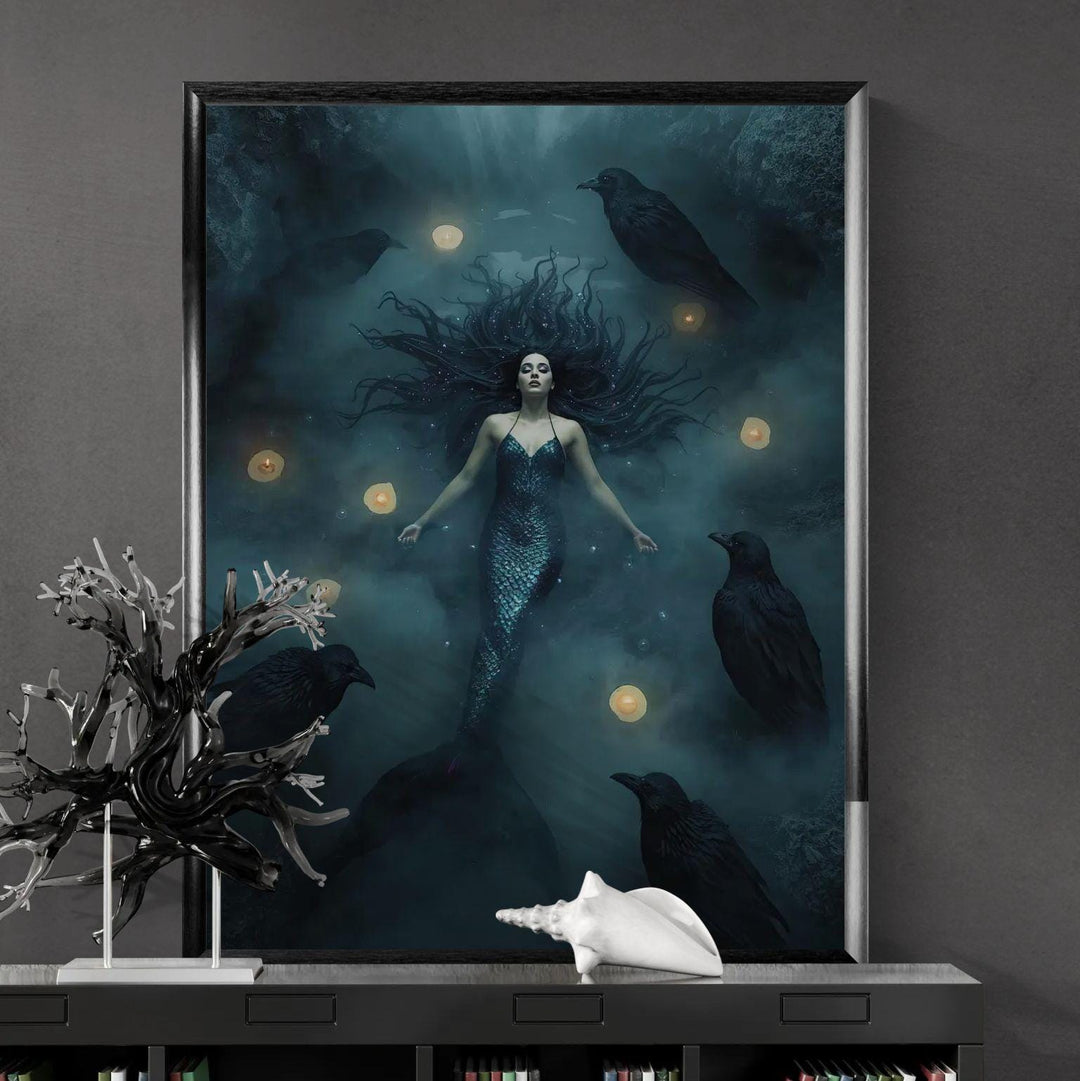 Gothic fantasy wall art featuring a mystical enchantress surrounded by ravens, candlelight, and dark magical atmosphere