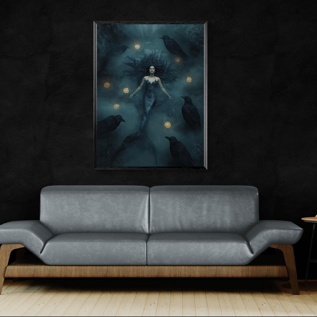 Gothic fantasy wall art featuring a mystical enchantress surrounded by ravens, candlelight, and dark magical atmosphere