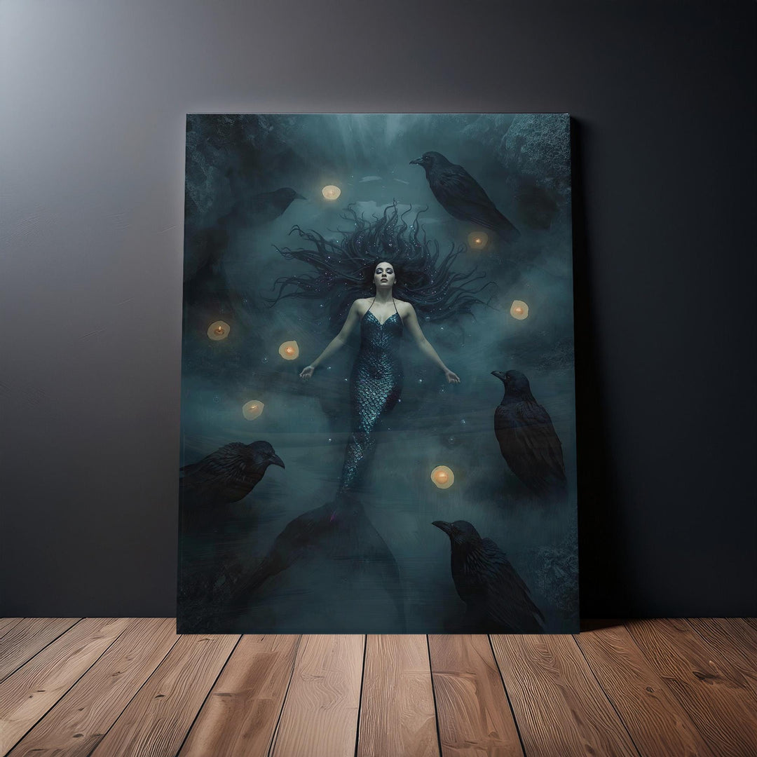 Gothic fantasy wall art featuring a mystical enchantress surrounded by ravens, candlelight, and dark magical atmosphere