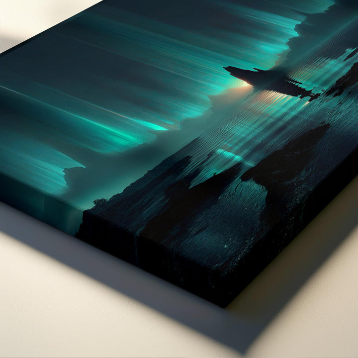 Close up view of Sci fi wall art showing a glowing cosmic horizon, alien landscape, reflective water, and towering beams of futuristic light