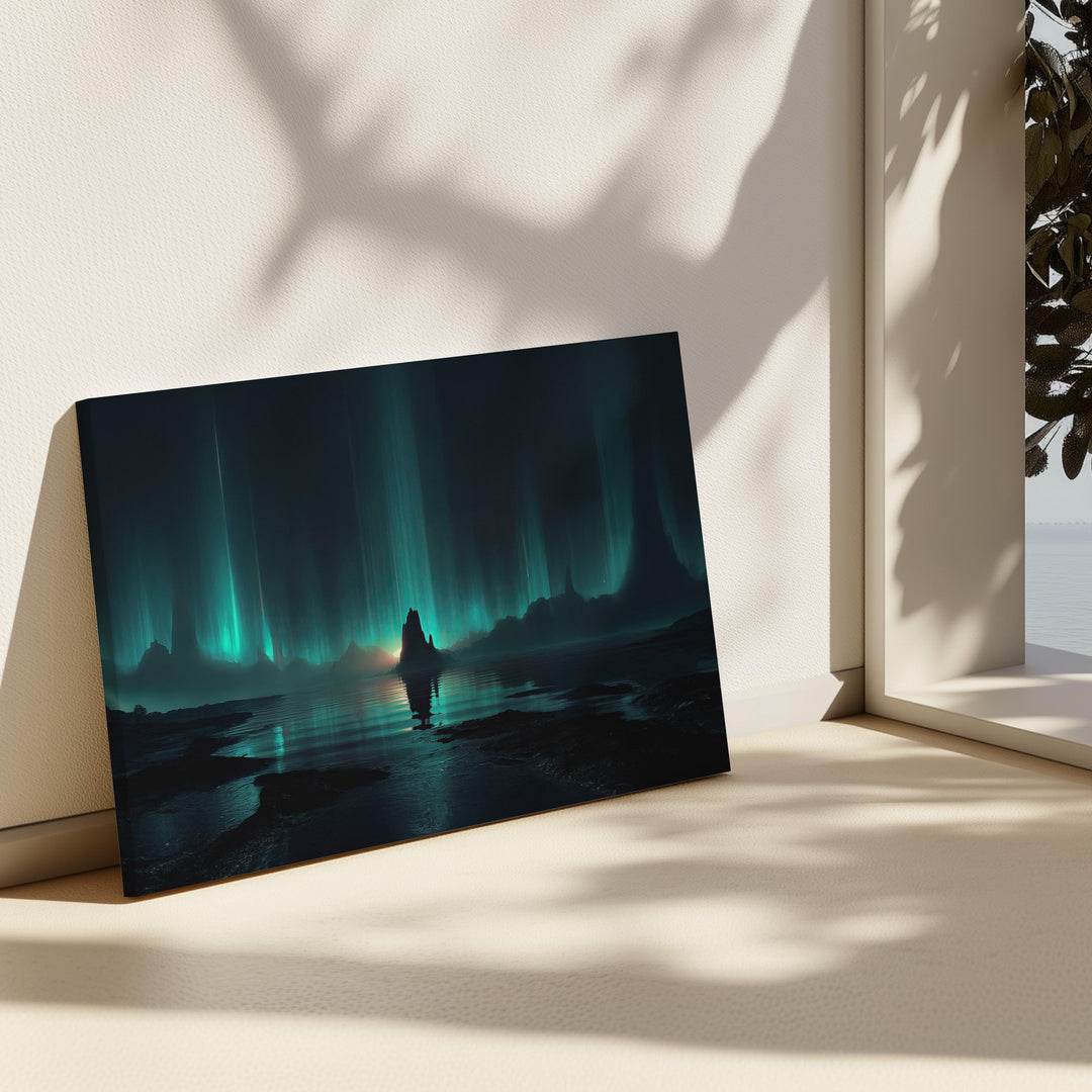 Sci fi wall art showing a glowing cosmic horizon, alien landscape, reflective water, and towering beams of futuristic light