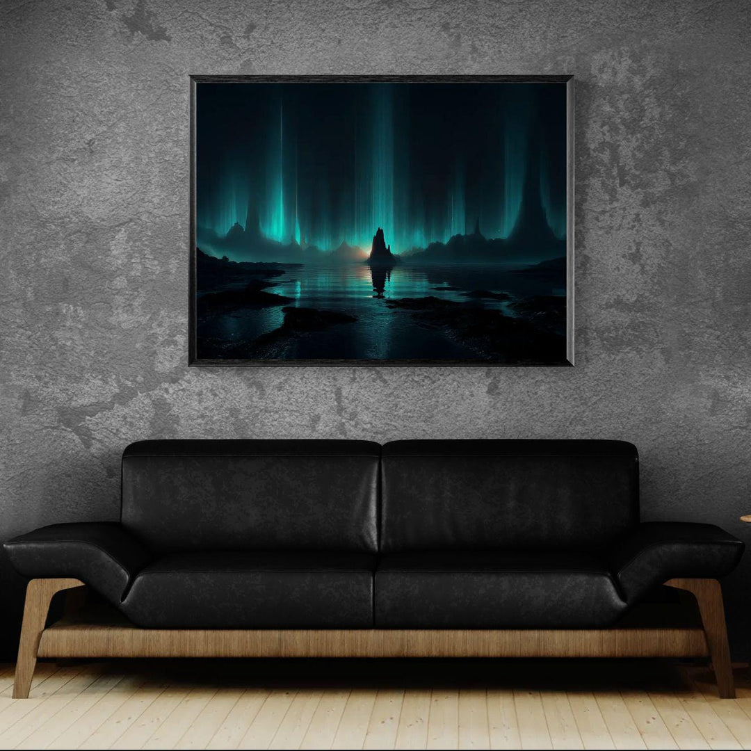 Sci fi wall art showing a glowing cosmic horizon, alien landscape, reflective water, and towering beams of futuristic light