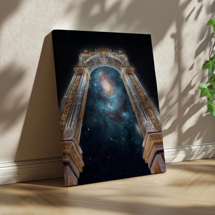 Cosmic wall art showing a gilded celestial archway framing a glowing galaxy filled with stars and cosmic light