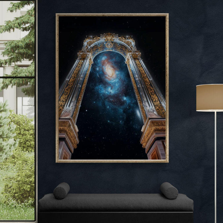 Cosmic wall art showing a gilded celestial archway framing a glowing galaxy filled with stars and cosmic light