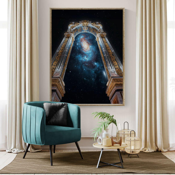Cosmic wall art showing a gilded celestial archway framing a glowing galaxy filled with stars and cosmic light