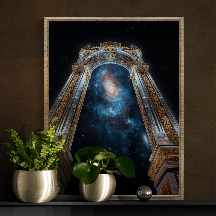 Cosmic wall art showing a gilded celestial archway framing a glowing galaxy filled with stars and cosmic light