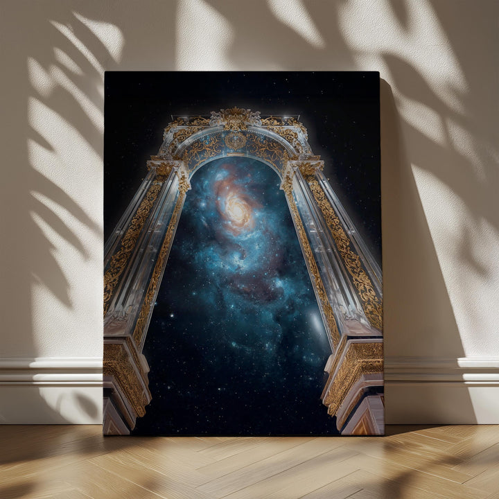 Cosmic wall art showing a gilded celestial archway framing a glowing galaxy filled with stars and cosmic light