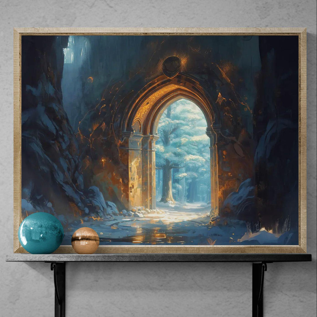 Enchanted archway wall art featuring a glowing stone portal leading into a peaceful forest filled with warm light and fantasy atmosphere