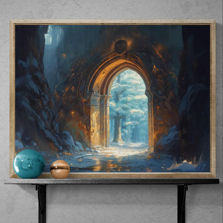 Enchanted archway wall art featuring a glowing stone portal leading into a peaceful forest filled with warm light and fantasy atmosphere