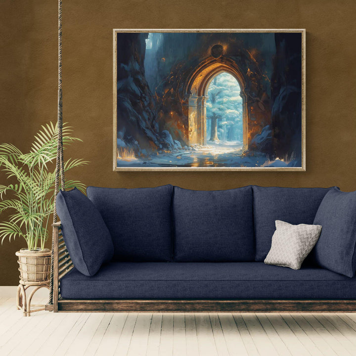 Enchanted archway wall art featuring a glowing stone portal leading into a peaceful forest filled with warm light and fantasy atmosphere