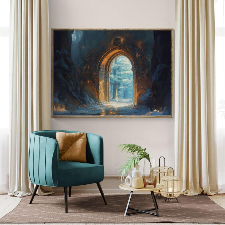 Enchanted archway wall art featuring a glowing stone portal leading into a peaceful forest filled with warm light and fantasy atmosphere