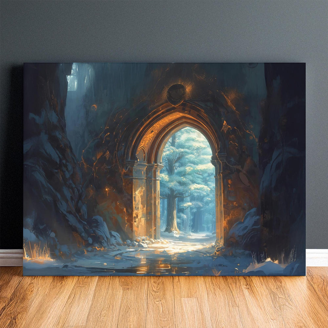 Enchanted archway wall art featuring a glowing stone portal leading into a peaceful forest filled with warm light and fantasy atmosphere