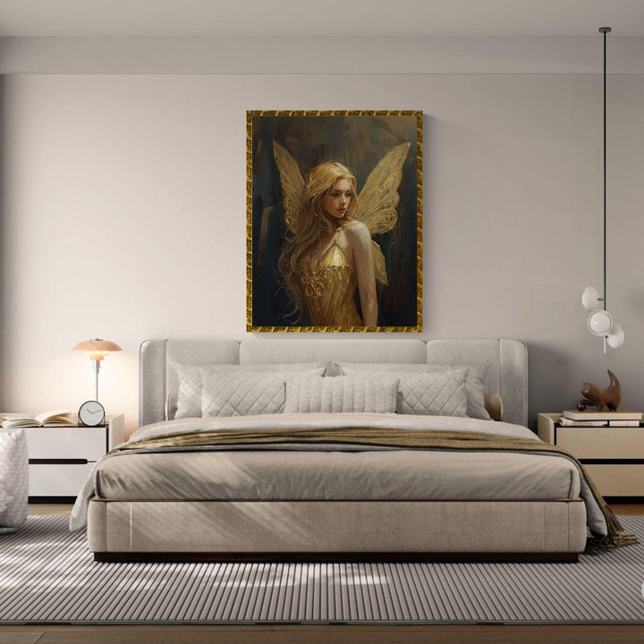 Golden fairy wall art showing a softly painted winged figure with golden wings, elegant dress, and warm magical atmosphere