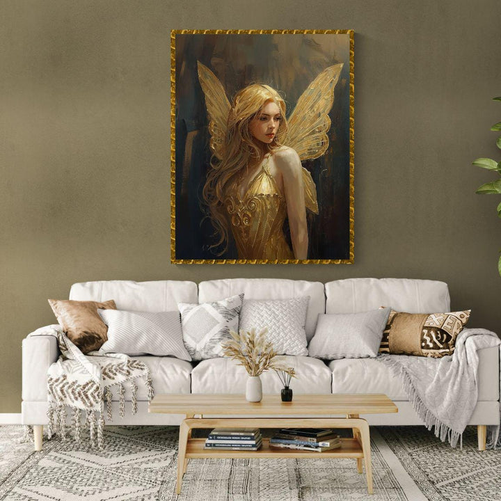 Golden fairy wall art showing a softly painted winged figure with golden wings, elegant dress, and warm magical atmosphere