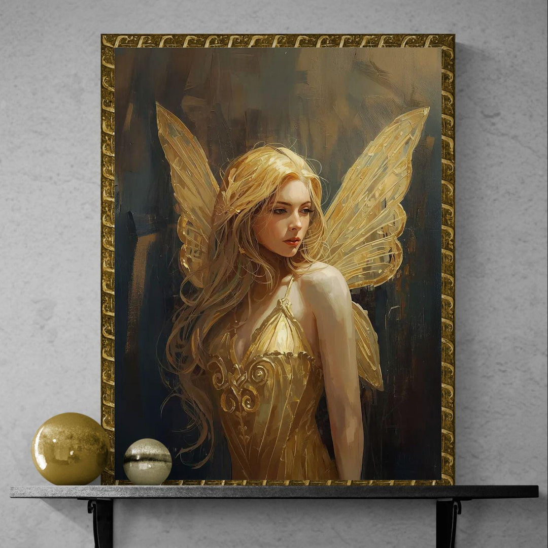 Golden fairy wall art showing a softly painted winged figure with golden wings, elegant dress, and warm magical atmosphere