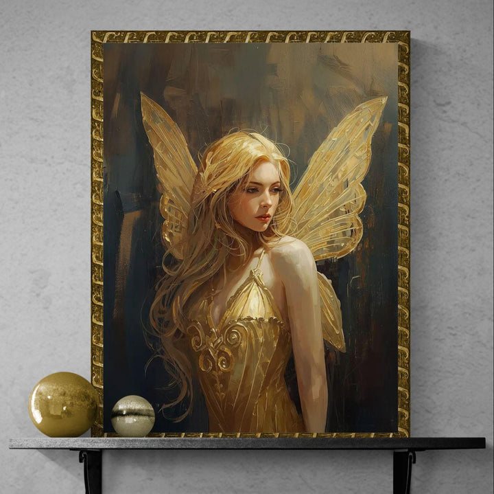Golden fairy wall art showing a softly painted winged figure with golden wings, elegant dress, and warm magical atmosphere