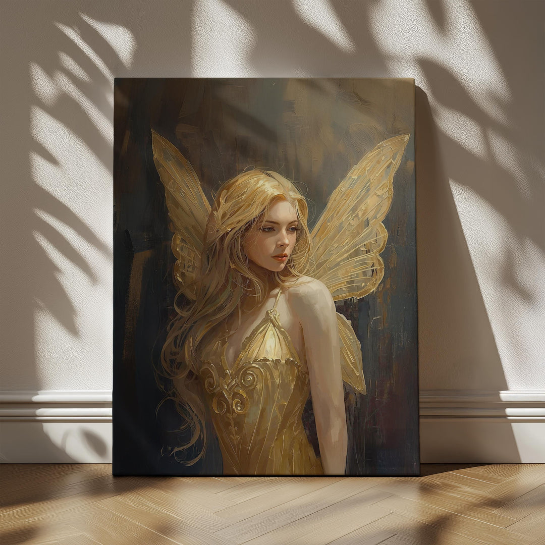 Golden fairy wall art showing a softly painted winged figure with golden wings, elegant dress, and warm magical atmosphere