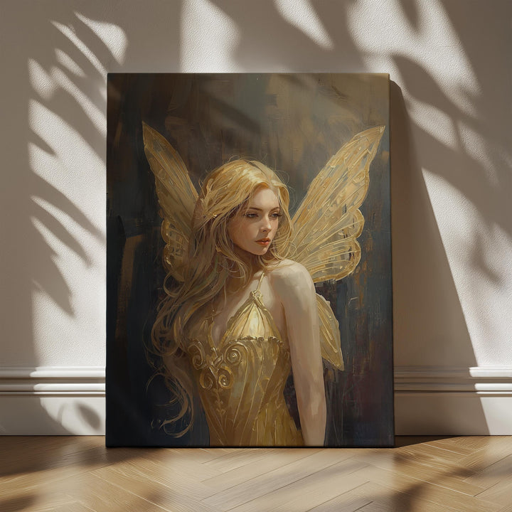 Golden fairy wall art showing a softly painted winged figure with golden wings, elegant dress, and warm magical atmosphere