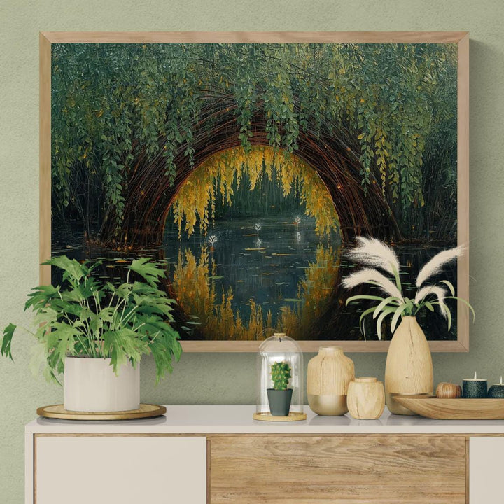 Dreamy fantasy wall art showing a woven willow arch over still water, glowing with soft light and painterly reflections in a serene magical landscape.