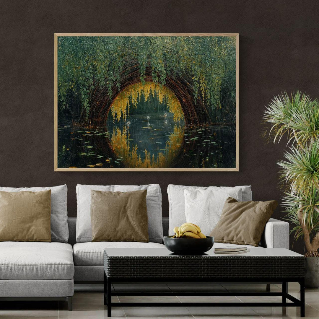Dreamy fantasy wall art showing a woven willow arch over still water, glowing with soft light and painterly reflections in a serene magical landscape.