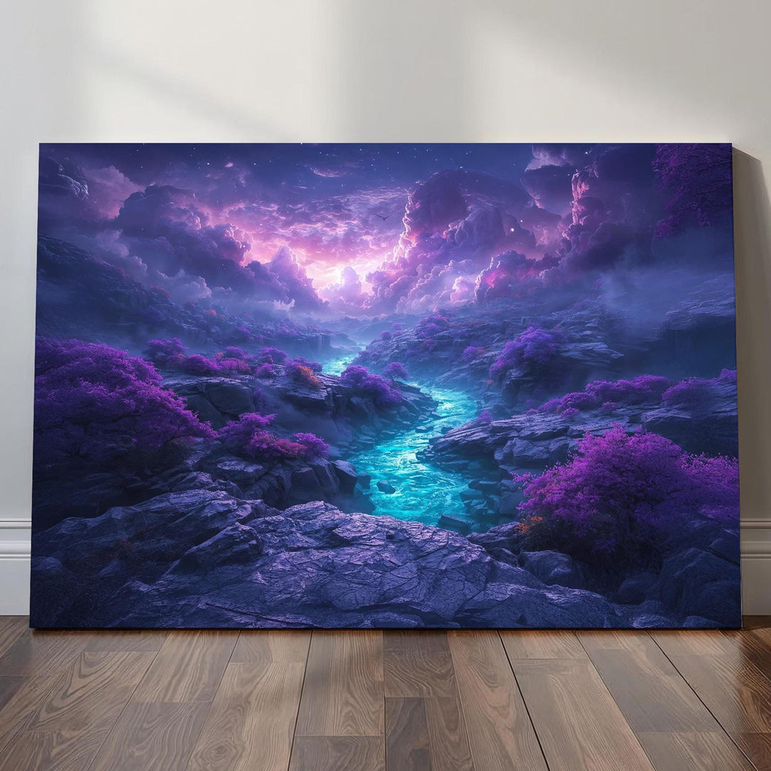 Dreamy fantasy wall art featuring a luminous violet river flowing through rocky cliffs beneath celestial purple clouds and glowing skies.