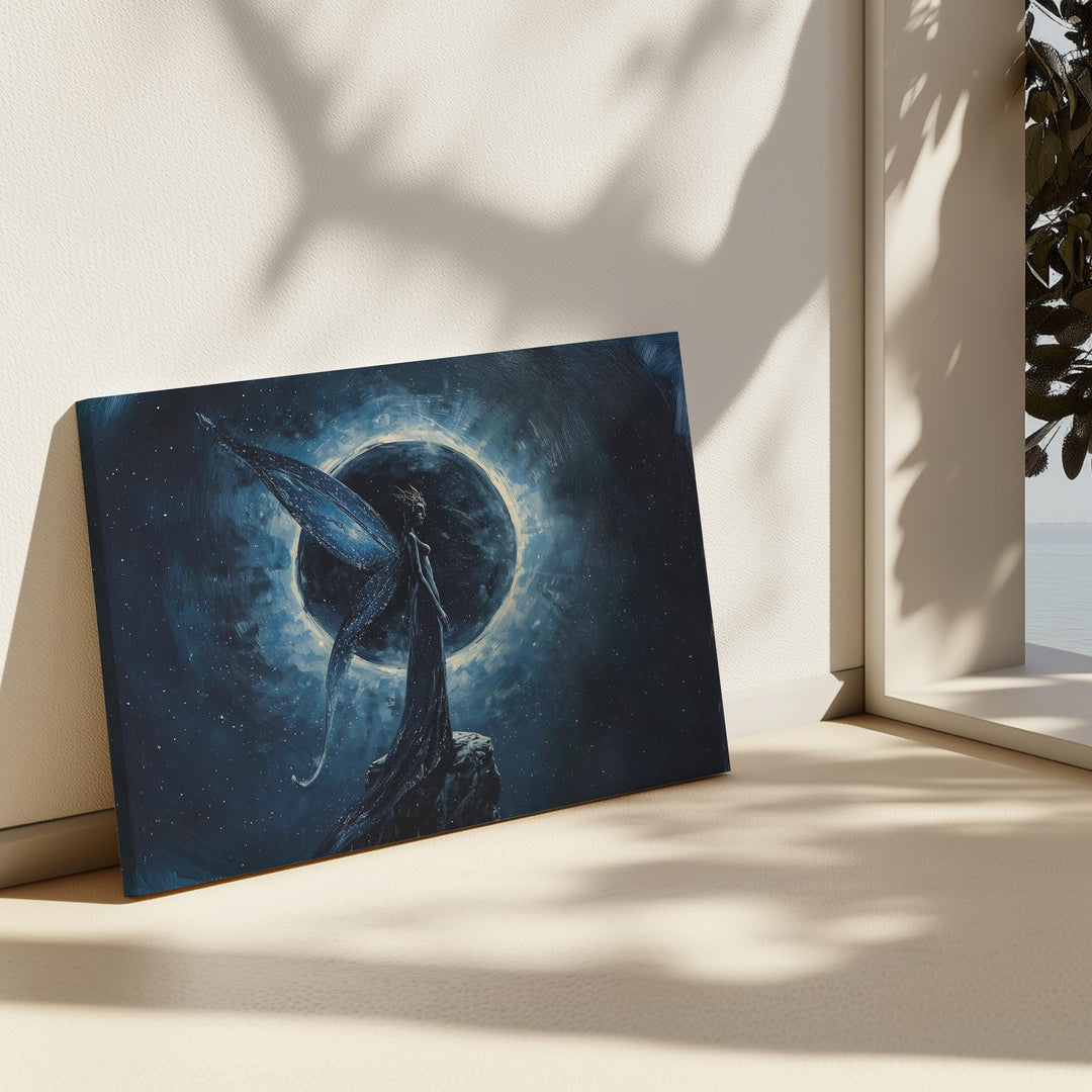 Celestial fantasy wall art featuring a moon fairy with flowing wings standing before a glowing eclipse, surrounded by deep blue cosmic textures.
