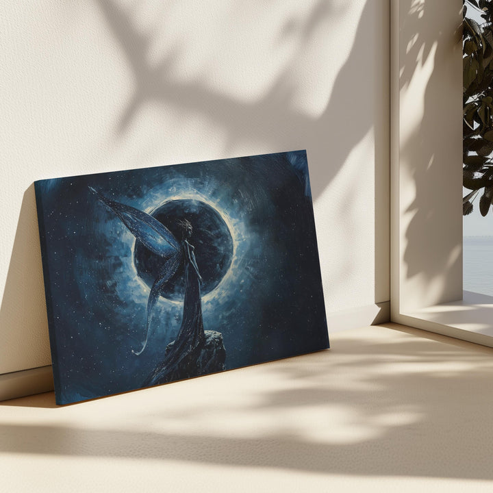Celestial fantasy wall art featuring a moon fairy with flowing wings standing before a glowing eclipse, surrounded by deep blue cosmic textures.